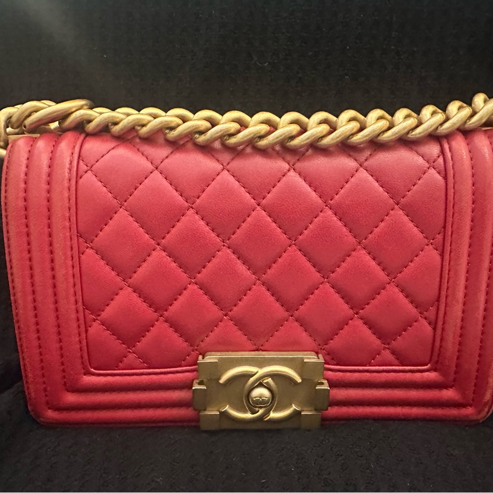 CHANEL Red Quilted Boy Flap Bag with Gold Chain and Hardware